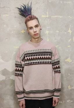 Retro sweater Aztec print top vintage pattern jumper in pink