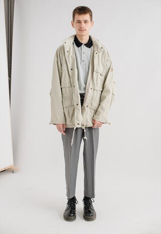 VINTAGE OVERSIZED BOXY FIT ZIP UP LIGHT JACKET IN BEIGE L