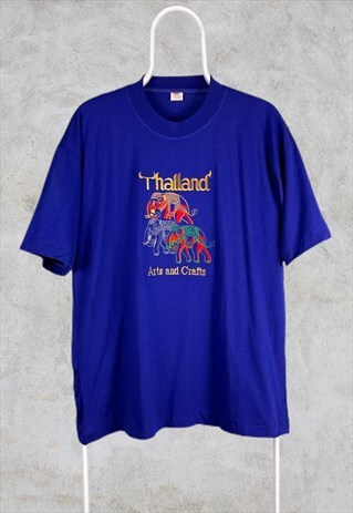 VINTAGE SINGLE STITCH T-SHIRT THAILAND EMBROIDERED BLUE L