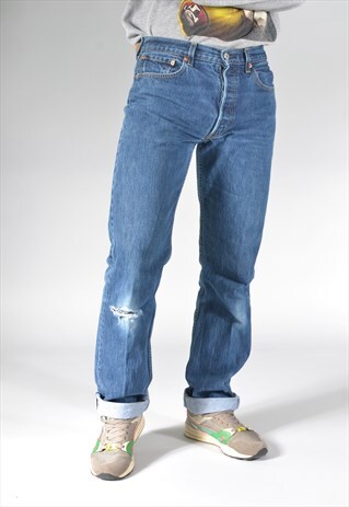 VINTAGE LEVI'S 501 DARK BLUE DISTRESSED KNEE STRAIGHT JEANS