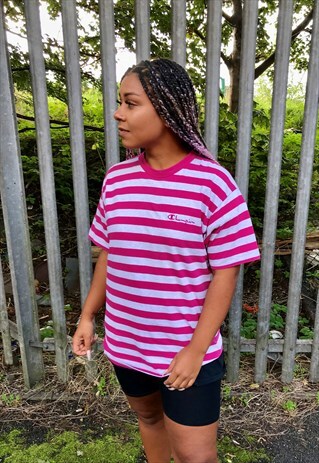 VINTAGE CHAMPION PINK STRIPE CREW NECK T-SHIRT