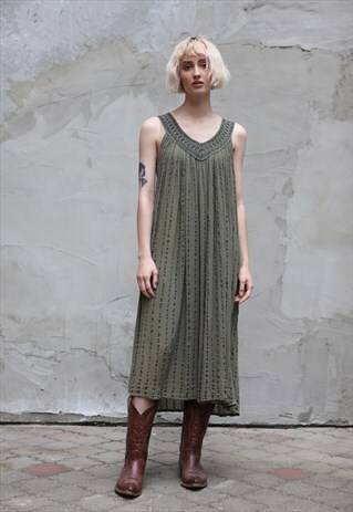 VINTAGE 90'S BOHO FESTIVAL MIDI RAYON DRESS IN KHAKI