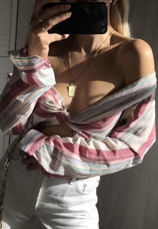 VINTAGE TRUE 1970S COLOURFUL PASTELS STRIPED THIN SHIRT