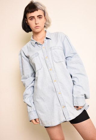 90'S RETRO MINIMALIST STONEWASH DENIM OVERSIZED SHIRT TOP