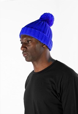 54 Floral Bobble Knitted Ribbed Beanie Hat - Colbalt Blue