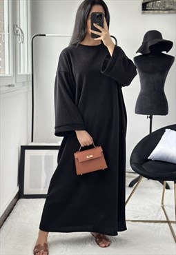 Long Sleeve Corduroy Maxi Dress (Black)