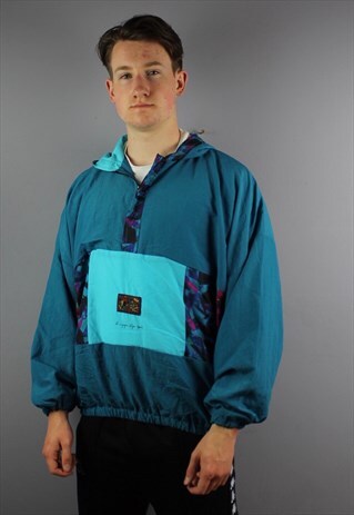 VINTAGE SHELL FESTIVAL WINDBREAKER IN BLUE WITH 1/4 ZIP, POC