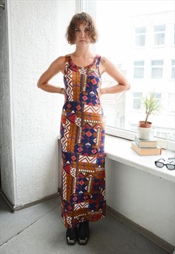 Vintage Bohemian Festival Aztec Print Maxi Stretchy Dress