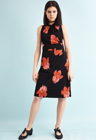 VINTAGE 70S RETRO FLORAL PRINT HALTER NECK MIDI DRESS