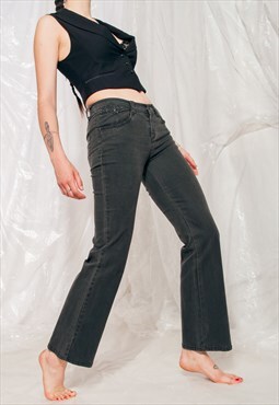 Vintage Flare Jeans Y2K Rhinestone Trousers in Grey Denim
