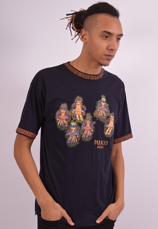 MENS VINTAGE PARACAS PERU T-SHIRT TOP MEDIUM BLACK 90S