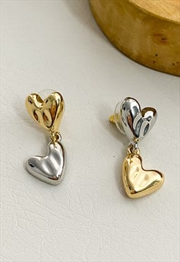 Two Tone Silver & Gold Molten Heart Drop Earrings