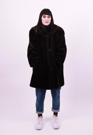 VINTAGE 80'S BROWN & BLACK FAUX FUR COAT SIZE LARGE