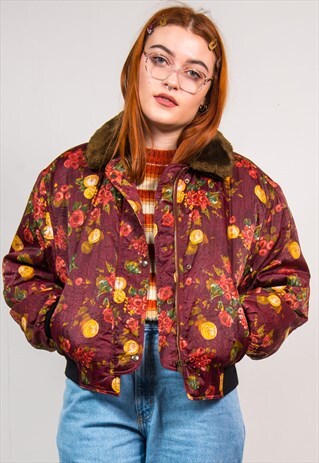 VINTAGE 90'S MAROON FLORAL PRINT FAUX FUR BOMBER JACKET
