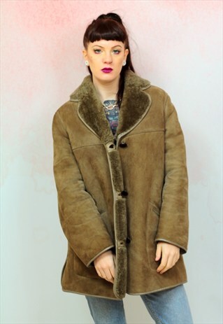 1970S VINTAGE REAL BROWN SHEEPSKIN SHERPA LINING COAT