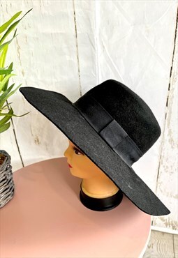 Vintage Boho Black Square Fedora Trim 70's Hat