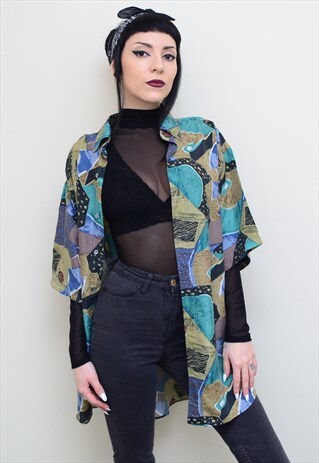 VINTAGE 90'S SILK FUNKY ABSTRACT PATTERNED OVERSIZED SHIRT