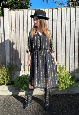 Siriem Vintage 70's Black Sheer Floral Fluted Sleeve Dress