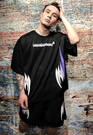 GRAFFITI MESH TRACKSUIT GYM SHORTS RAVER TRANSPARENT BLACK