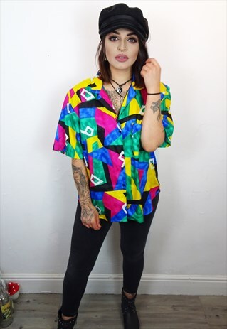 FUNKY ABSTRACT PRINT JAZZY 90'S SHORT SLEEVED SHIRT