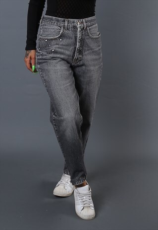 HIGH WAISTED DENIM JEANS TAPERED LEG UK 12-14 VINTAGE (B63Q)