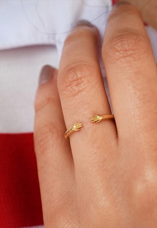 GOLD OPEN RING WITH HUG HANDS HANDMADE