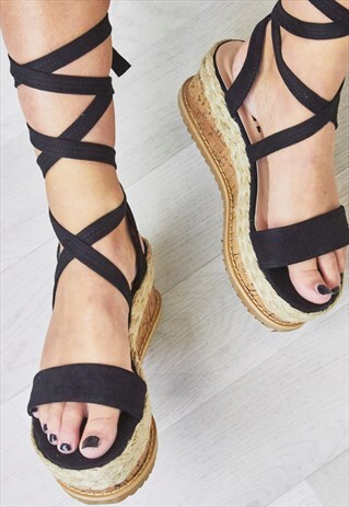 TROPEZ BLACK LACE UP FAUX SUEDE ESPADRILLE FLATFORMS