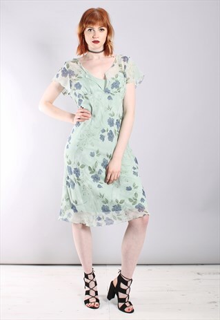 VINTAGE 90S FLORAL MINT GREEN CHIFFON DRESS