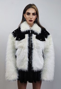 Faux fur biker jacket luxury shaggy coat fleece bomber white