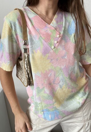VINTAGE 80S CANDY PASTEL FLORAL KNIT BLOUSE TOP T-SHIRT TEE