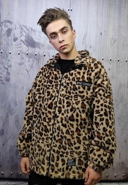 Leopard fleece jacket in brown animal print fluffy bomber