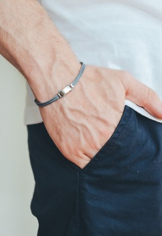 SILVER SQUARE BEAD BRACELET FOR MEN, GREY CORD, GIFT FOR HIM