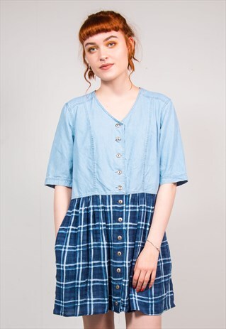VINTAGE 90'S BLUE CHECK DENIM SUMMER MINI DRESS
