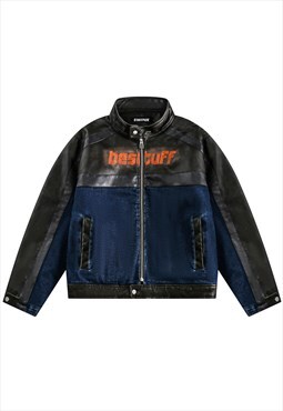 Winter denim jacket color block bomber faux leather varsity 