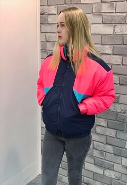 Navy Blue & Neon Pink Puffa Ski Jacket