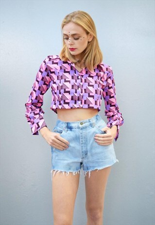 70'S MOD BOHO FESTIVAL ABSTRACT OPTICAL PRINT CROP TOP SHIRT