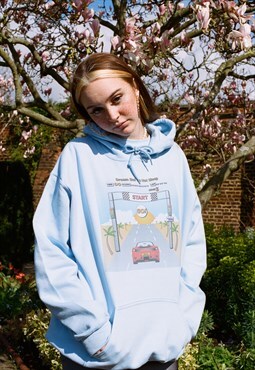 Hoodie In Light Blue With Drive In To The Sunset Print