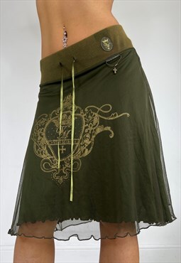 Vintage Y2k Skirt Mesh Overlay Khaki Midi Long 90S 2000s