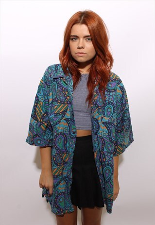 VINTAGE 1980'S 80'S PAISLEY FLORAL PRINT BUTTON DOWN TOP XL