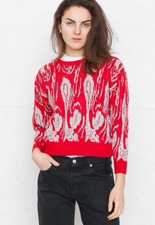 VINTAGE RED GREY ROUND NECK KNIT JUMPER SWEATER