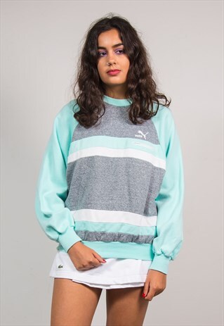 90'S VINTAGE MINT GREEN STRIPED PUMA SWEATSHIRT JUMPER