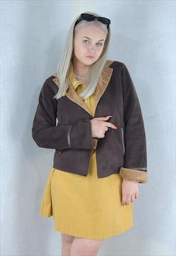 Vintage y2k shearling short warm coat jacket in brown cream