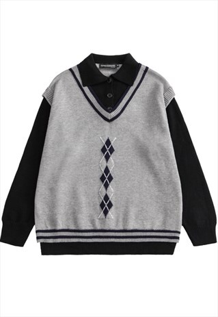 KALODIS COLLEGE STYLE KNIT POLO COLLAR FAKE TWO-PIECE TOP