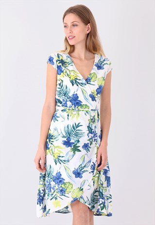 MULTICOLOURED TROPICAL PRINT PLUNGE V NECK WRAP FRONT DRESS
