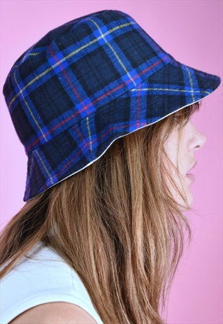 90S BUCKET HAT VINTAGE INSPIRED CHECKERED BLUE REVERSEABLE