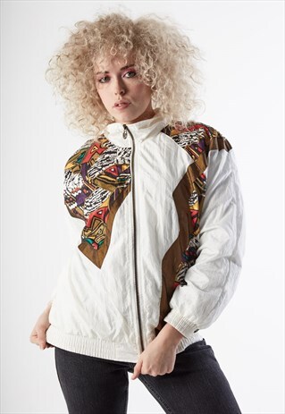 80S VINTAGE WHITE WITH BROWN PRINT BOMBER JACKET