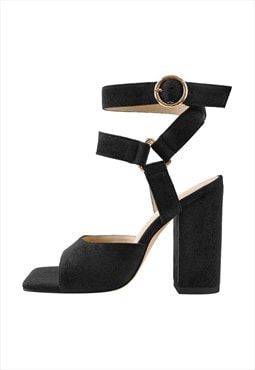 Square Toe Suede Ankle Strap Chunky Heel Sandals