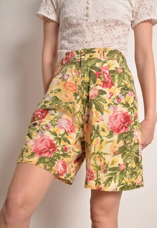 VINTAGE 80S ELASTICATED CREAM AND GREEN FLORAL SHORTS