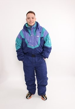 Vintage one piece ski suit, 90s blue color snowsuit for him