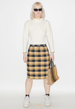 Vintage 90s plaid midi skirt in yellow / navy